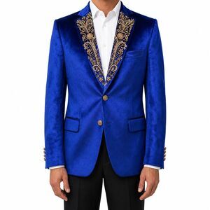 Mens 42R Royal Blue Velvet Blazer Hand Embroidered Floral Lapel Wedding Tuxedo